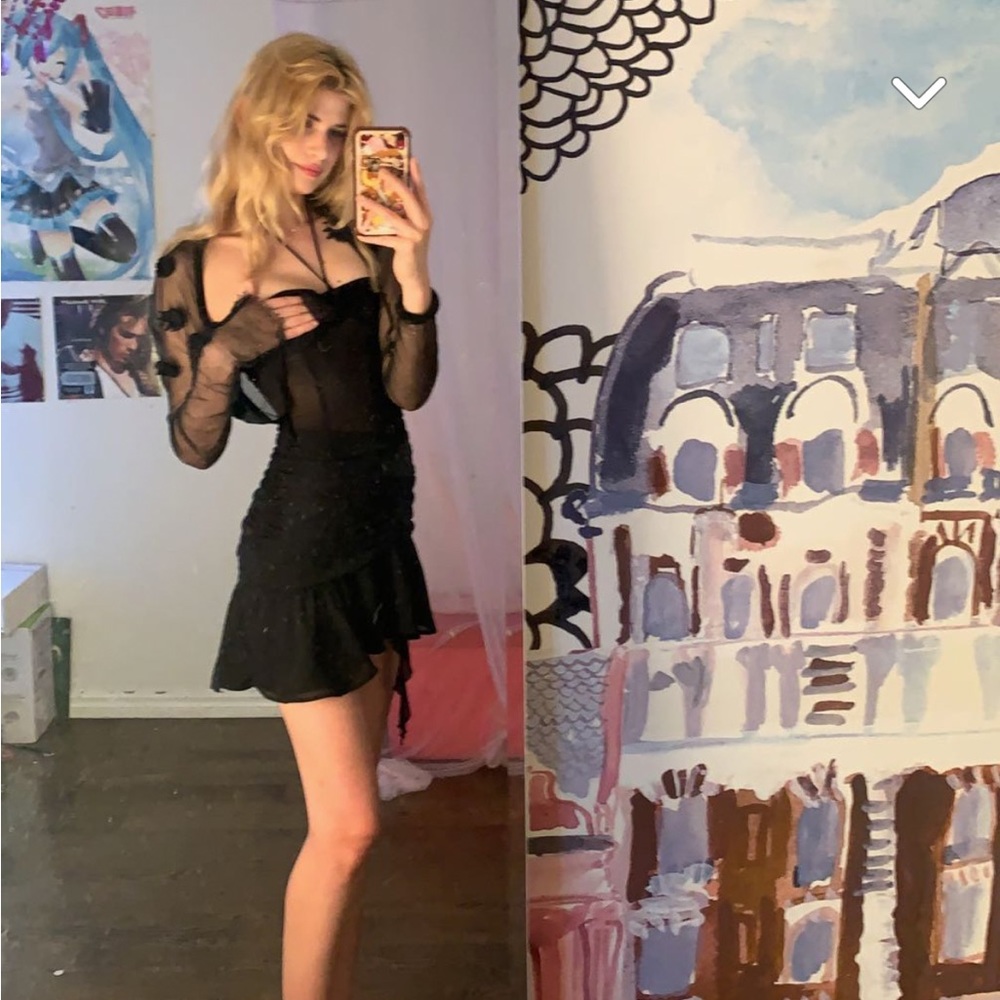 Zara black mesh ruffle halter neck mini dress